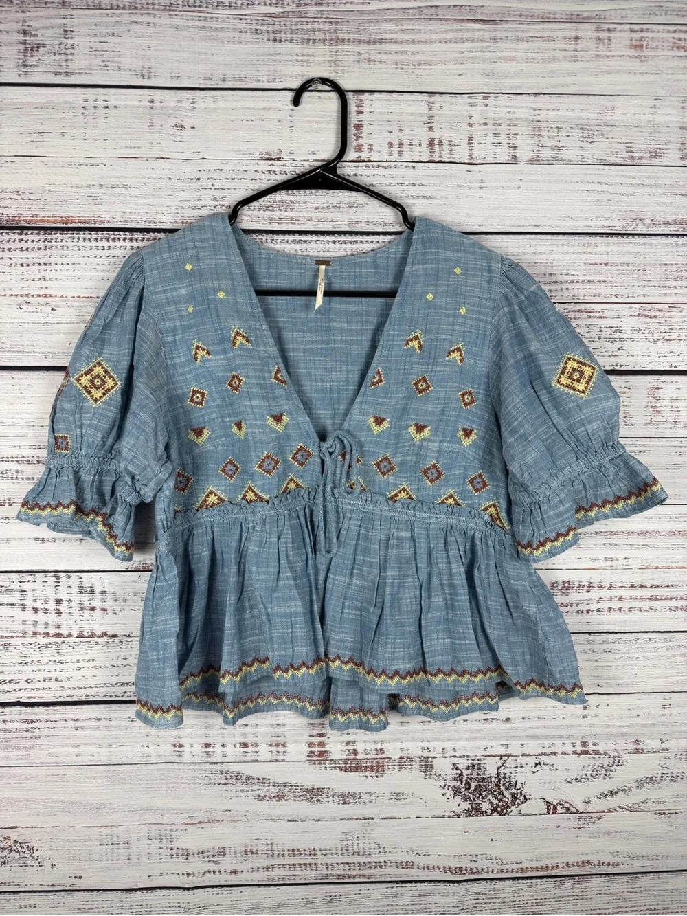 Free People Embroidered Babydoll Top — Blue